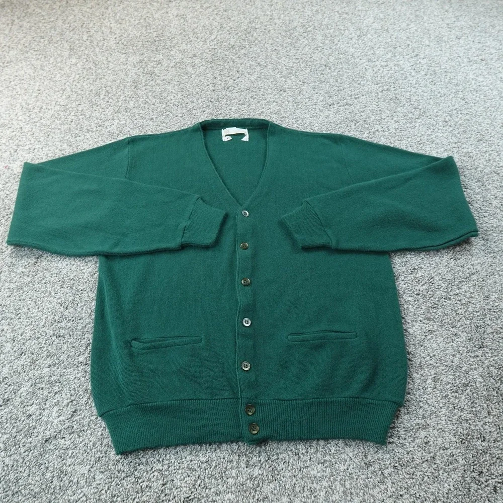 VTG Kings Road Sweater‎ Mens L Green Orlon Acrylic Cardigan V Neck Knit Grandpa